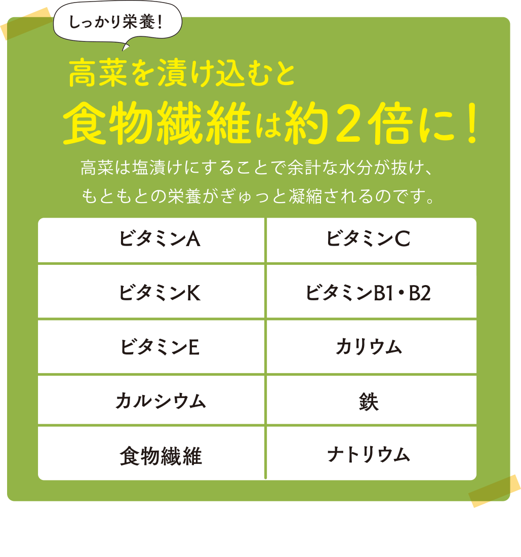 高菜を漬け込むと食物繊維は約２倍に！